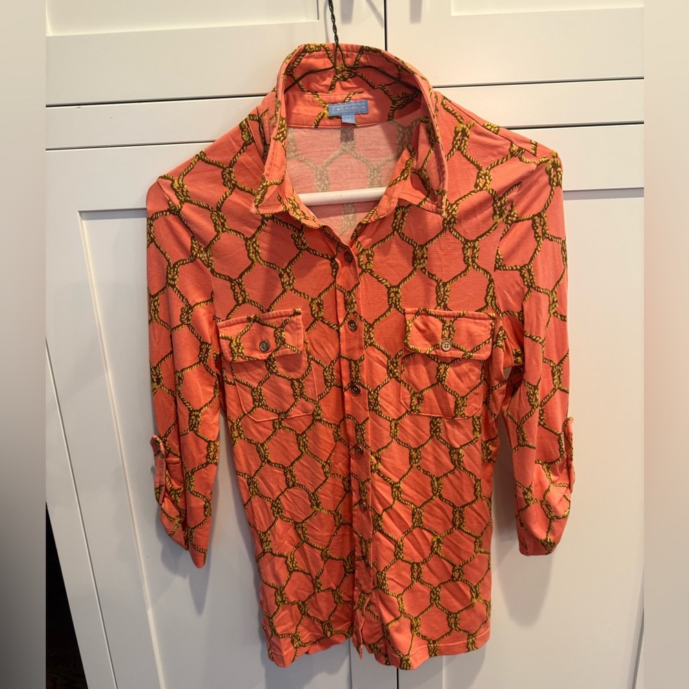 J. McLaughlin Coral Button-Down with Gold Chain, Nautical knot XS silk spandex